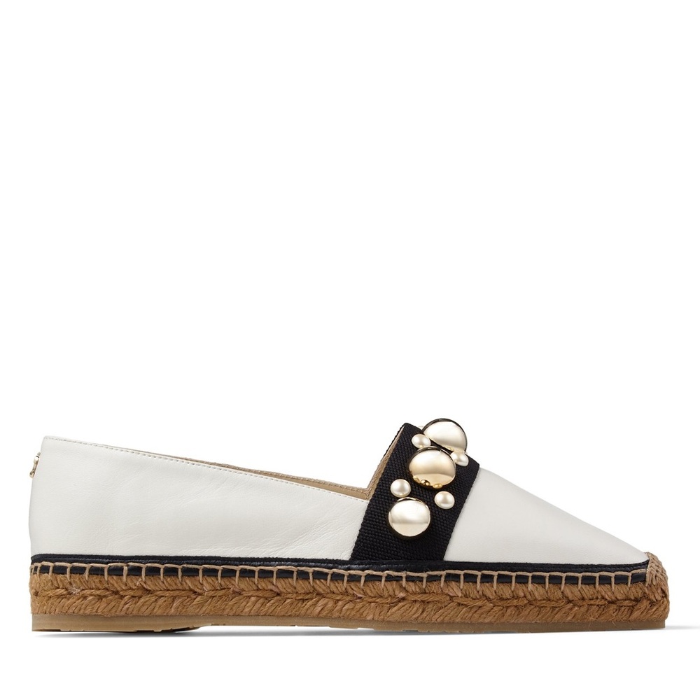 Jimmy Choo Dru White and Black Espadrilles with Gold Accents | Size 38